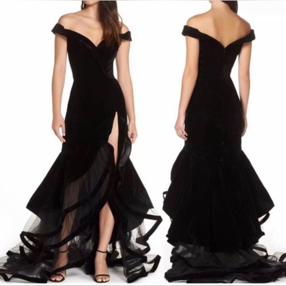 Mac Duggal Tiered Velvet Trumpet Gown